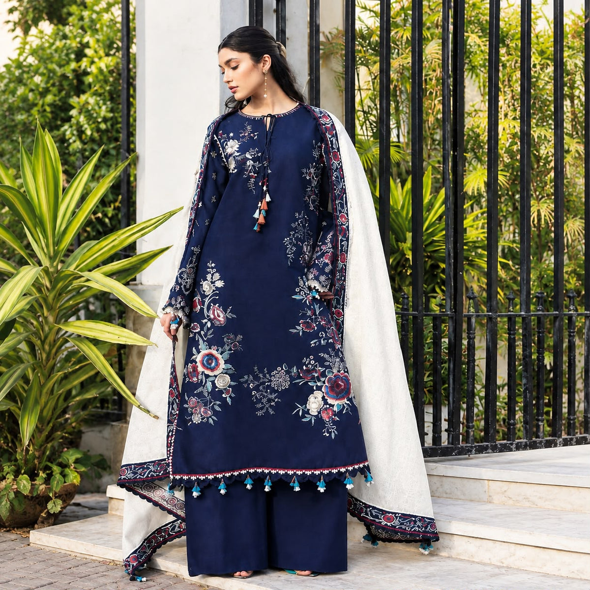 Navy Blue Dhanak 3PC Heavy Floral Embroidered Suit With Wool Shawl - Winter Collection  | BT-013
