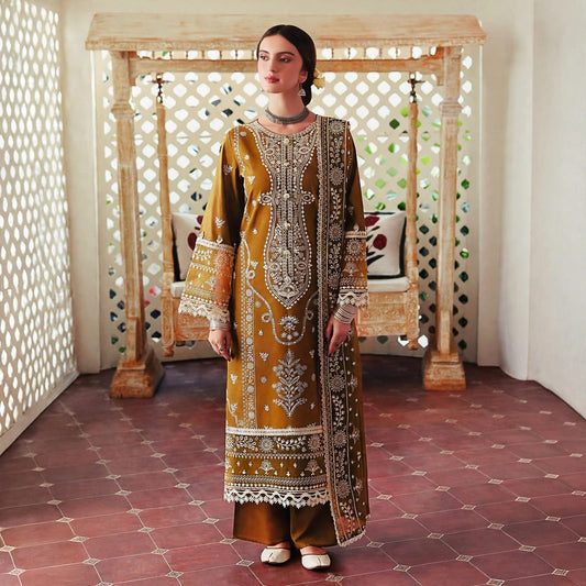 Mustard Brown Dhanak 3PC Heavy White Embroidered Suit With Embroidered Shawl - Winter Formal  | BT-015