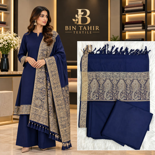 Royal Navy Blue Dhanak 3-Piece Suit with Golden Jacquard Shawl | BIN TAHIR Winter 2026
