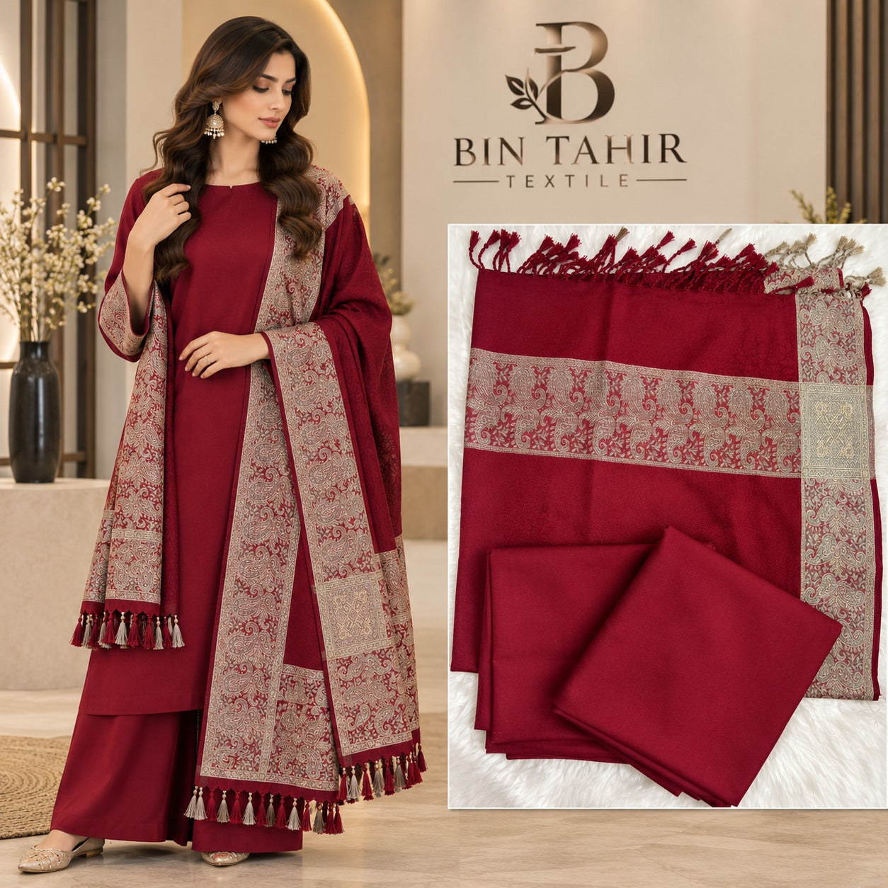 Maroon Dhanak 3-Piece Suit with Golden Jacquard Shawl | BIN TAHIR TEXTILE Winter 2026