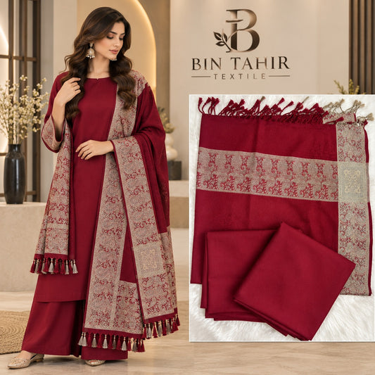 Maroon Dhanak 3-Piece Suit with Golden Jacquard Shawl | BIN TAHIR TEXTILE Winter 2026