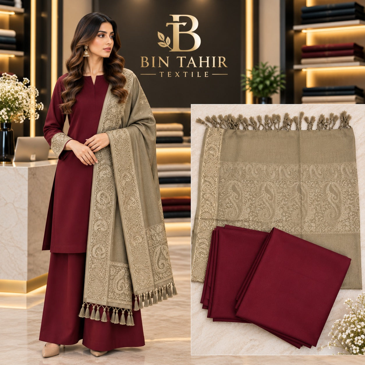 Maroon & Olive Dhanak 3-Piece Suit with Contrast Jacquard Shawl | BIN TAHIR Winter 2026