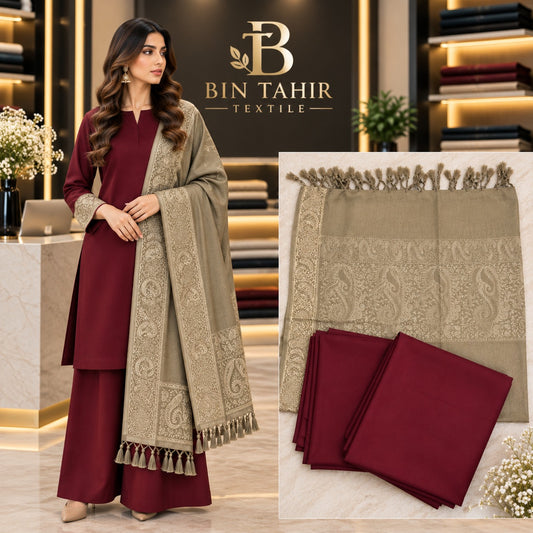 Maroon & Olive Dhanak 3pc Suit with Pashmina Shawl | BT-0001