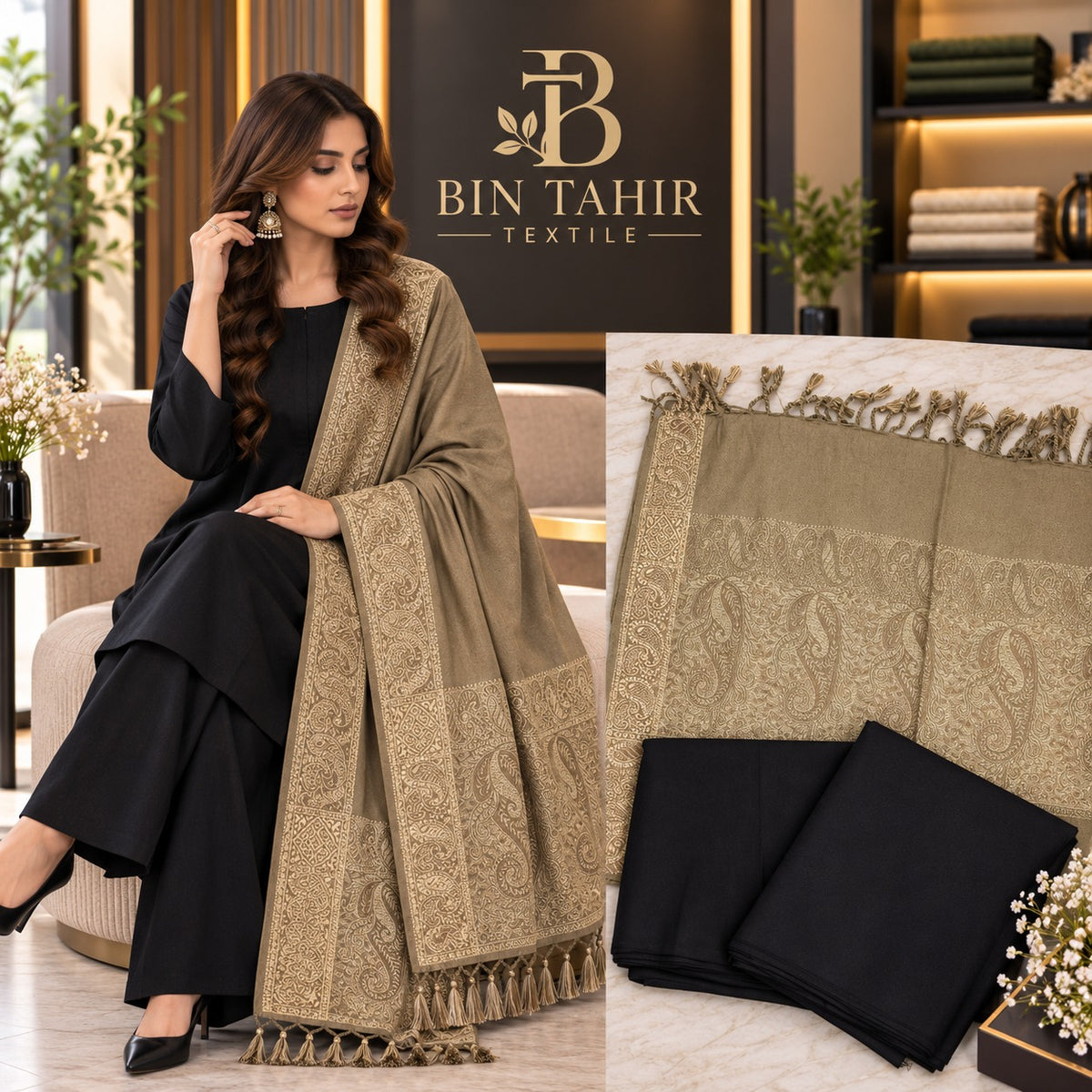 Black & Olive Dhanak 3-Piece Suit with Contrast Jacquard Shawl | BIN TAHIR Winter 2026