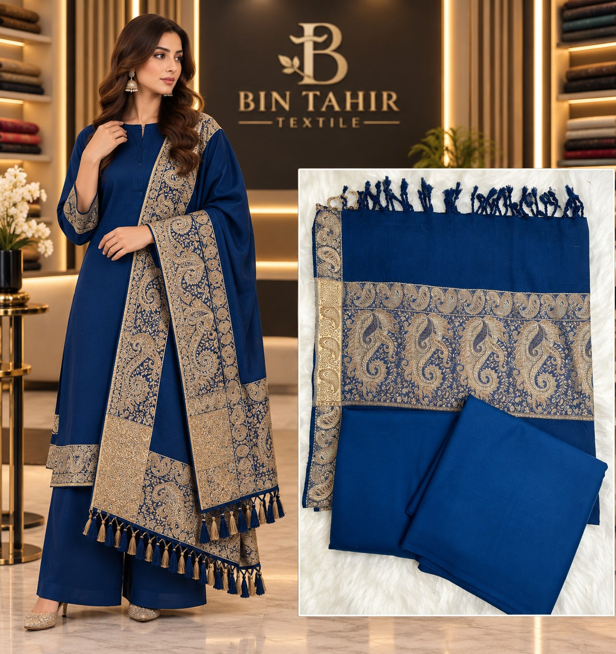 Royal Blue Dhanak 3-Piece Suit with Golden Jacquard Shawl | BIN TAHIR Winter 2026