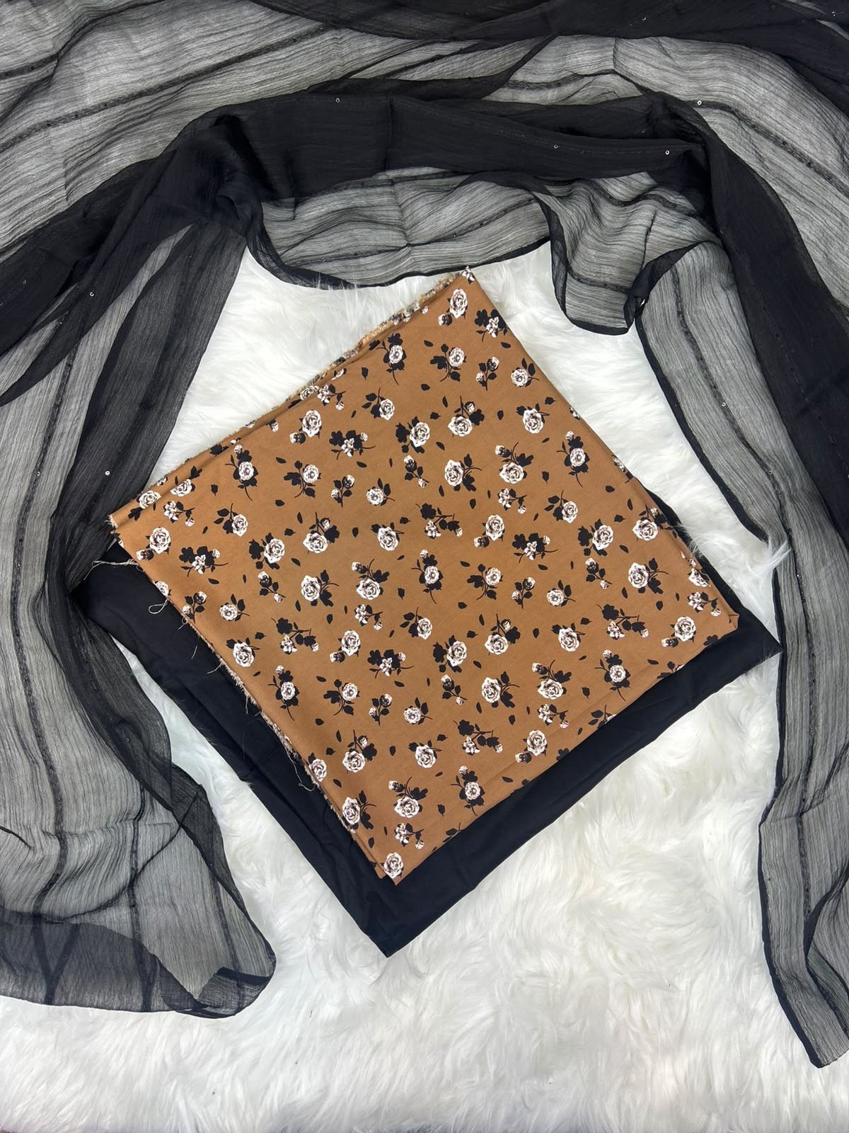 Brown Floral Linen 3-Piece Suit with Chiffon Sequins Dupatta | BT-002