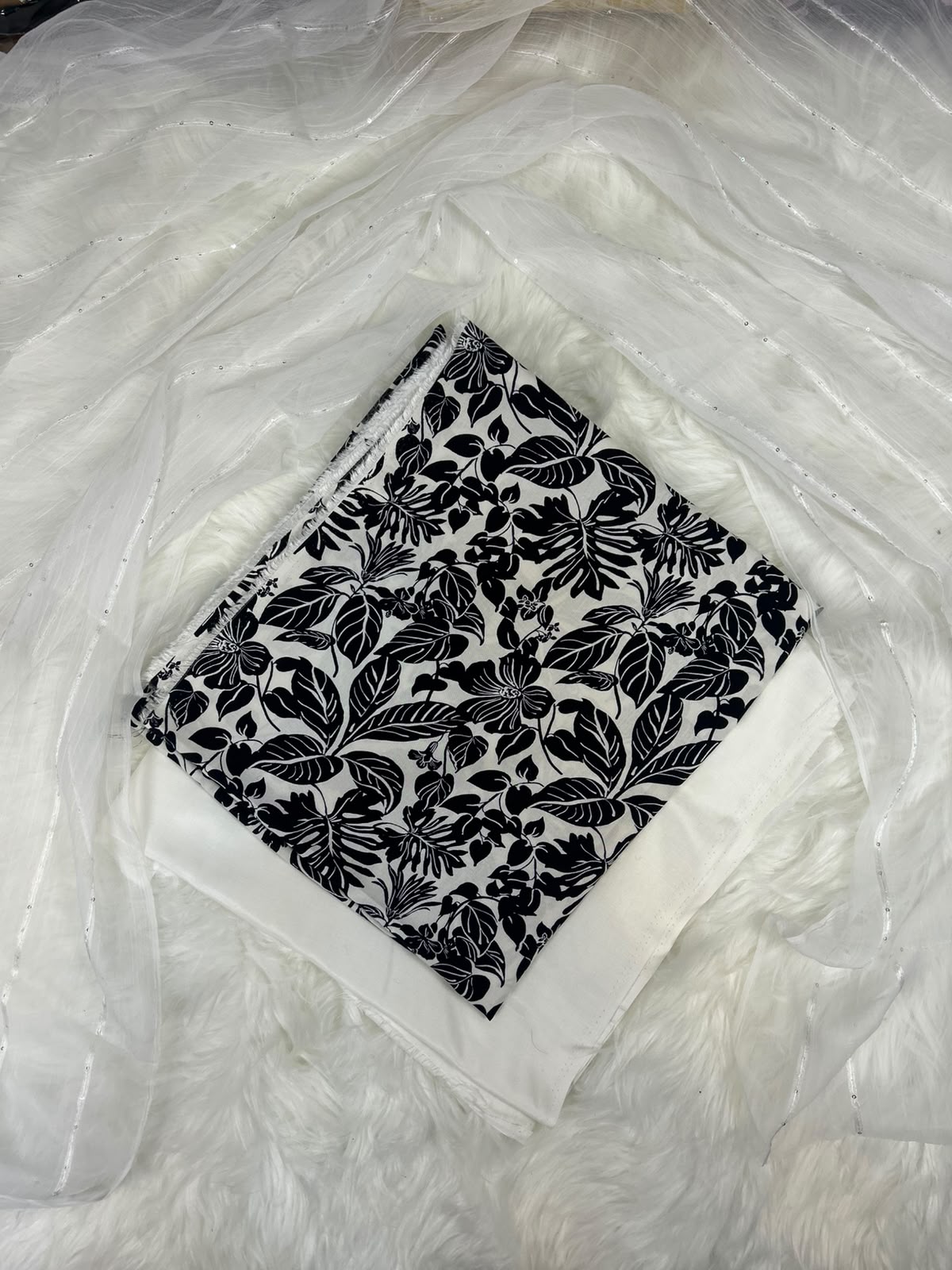 White Black Leaf Print Linen 3-Piece Suit with Chiffon Sequins Dupatta | BT-005