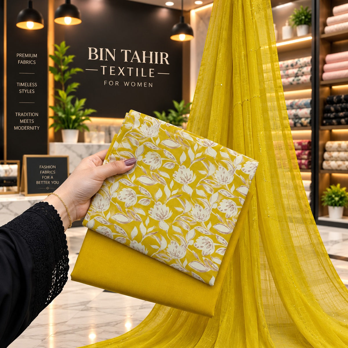 Mustard Yellow Floral Linen 3-Piece Suit with Chiffon Sequins Dupatta | BT-003
