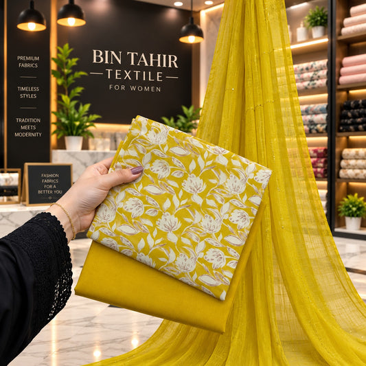 Mustard Yellow Floral Linen 3-Piece Suit with Chiffon Sequins Dupatta | BT-003