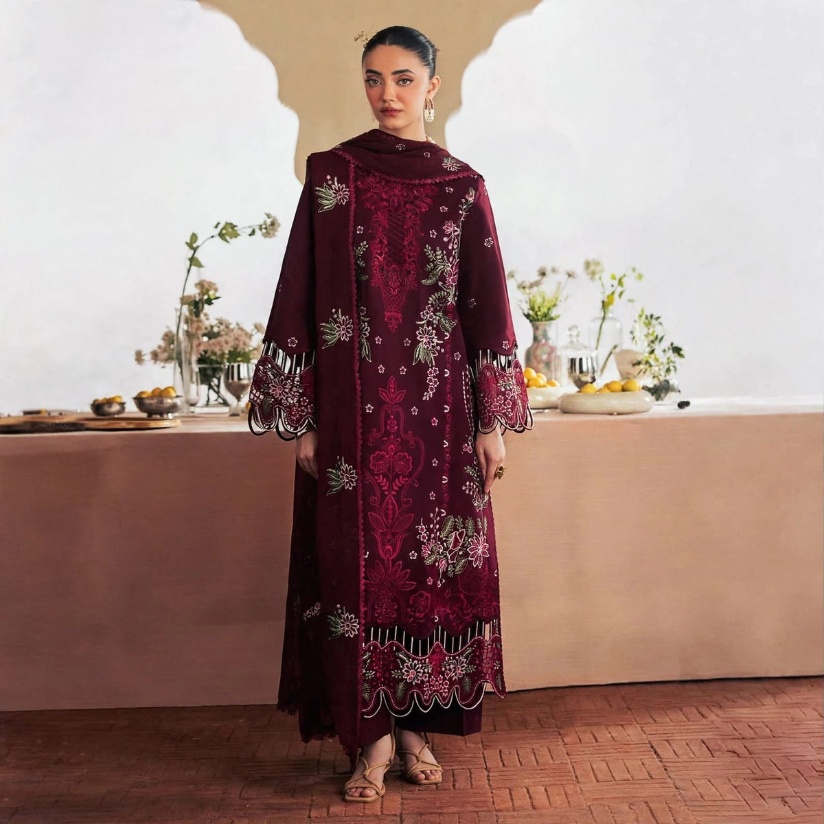 Maroon Dhanak 3PC Heavy Cutwork Embroidered Suit With Embroidered Shawl - Winter Collection  | BT-014