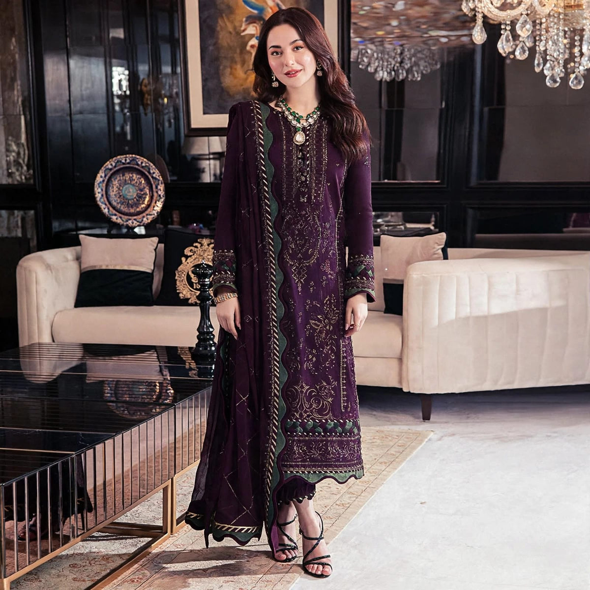 Plum Purple Dhanak 3PC Heavy Embroidered Suit With Chiffon Dupatta - Formal Collection | BT-010