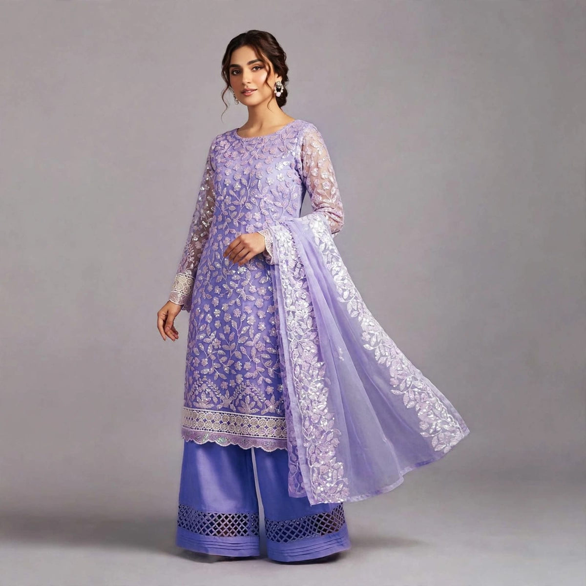 Lavender Purple Dhanak 3PC Heavy Embroidered Suit With Organza Dupatta - Party Wear | BT-011