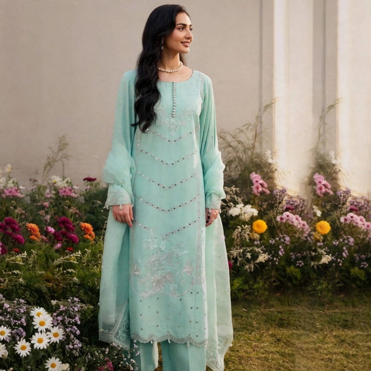 Mint Green Dhanak 3PC Embroidered Suit With Organza Dupatta - Winter Collection  | BT-007