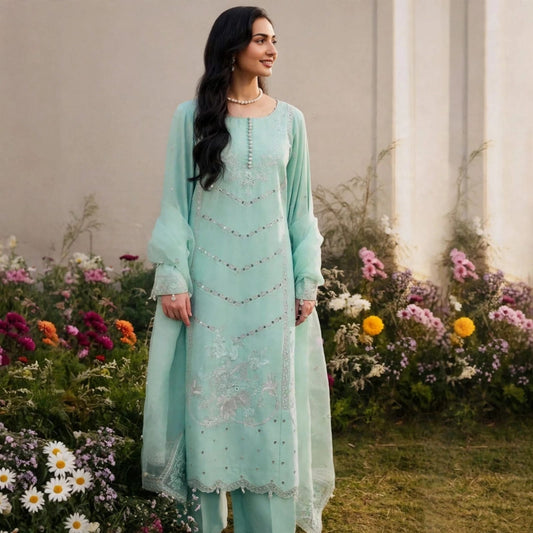 Mint Green Dhanak 3PC Embroidered Suit With Organza Dupatta - Winter Collection  | BT-007