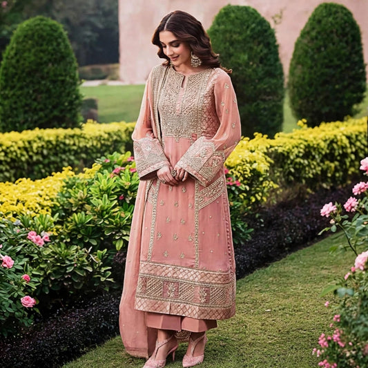 Peach Pink Dhanak 3PC Embroidered Suit With Embroidered Dupatta - Formal Collection | BT-008