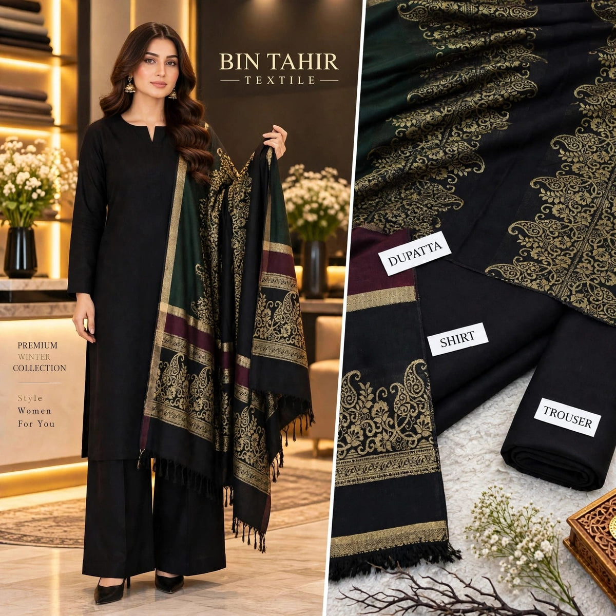 Black Shirt & Trouser With Black & Green Zari Jacquard Shawl - 3Pcs Dhanak Suit - BT-0016