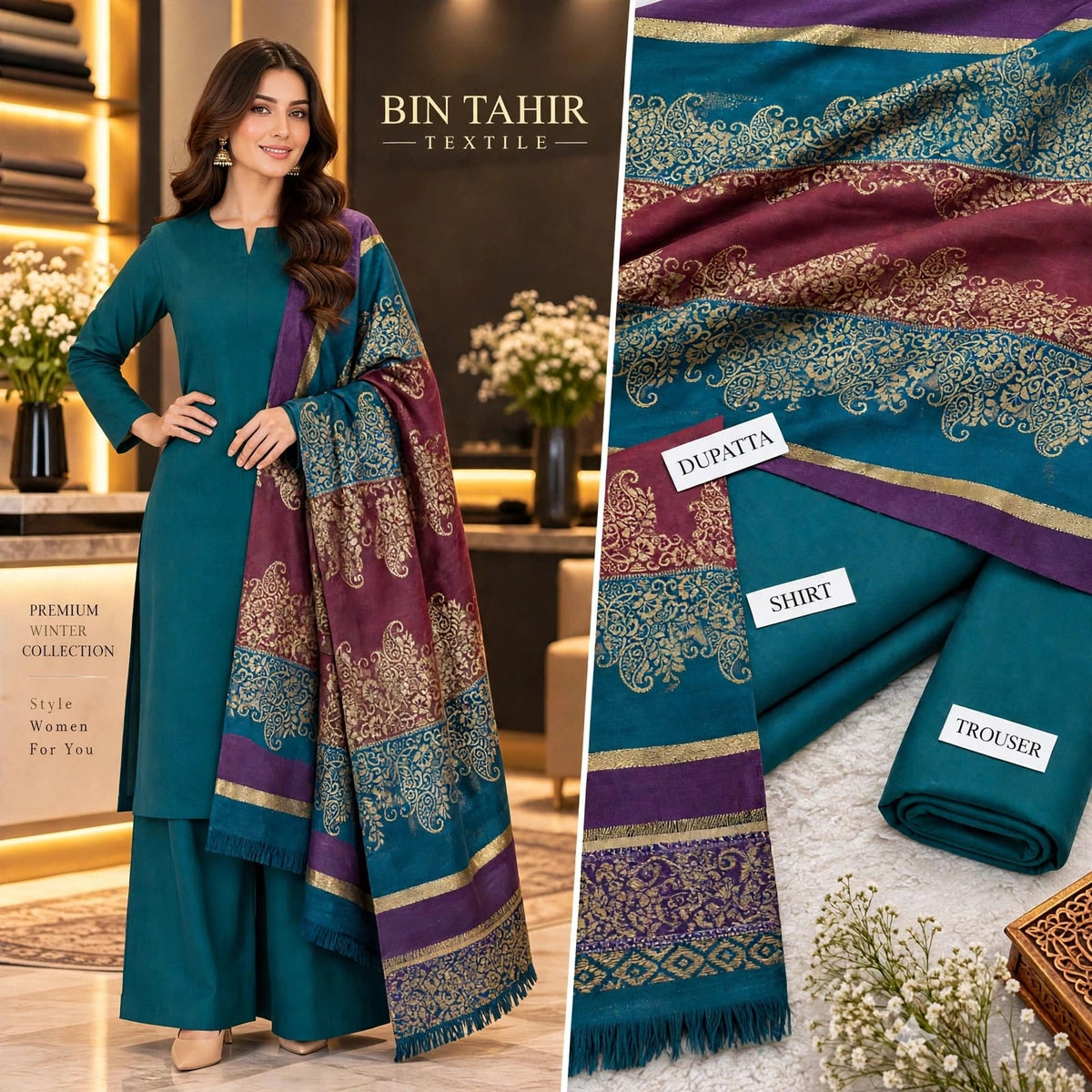 Teal Shirt & Trouser With Multi-Color Zari Jacquard Wool Shawl - 3Pcs Dhanak Suit - BT-0016