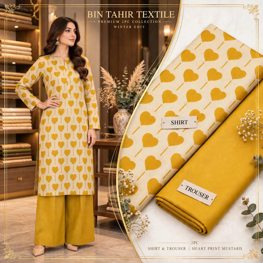 Mustard Heart Print Shirt With Mustard Trouser - 2Pcs Dhanak Suit - BT-0022
