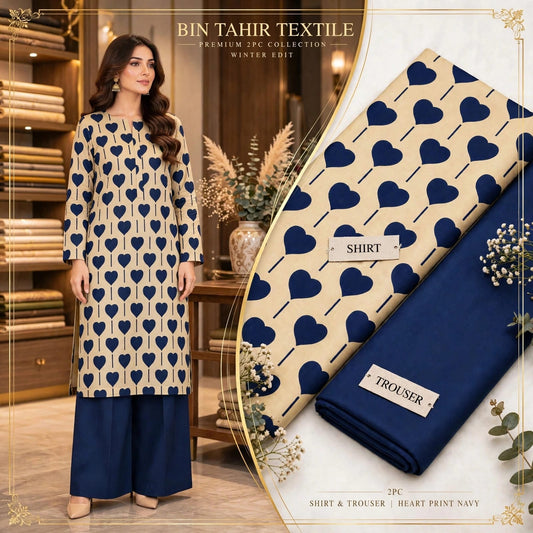 Navy Blue Heart Print Shirt With Navy Blue Trouser - 2Pcs Dhanak Suit - BT-0022