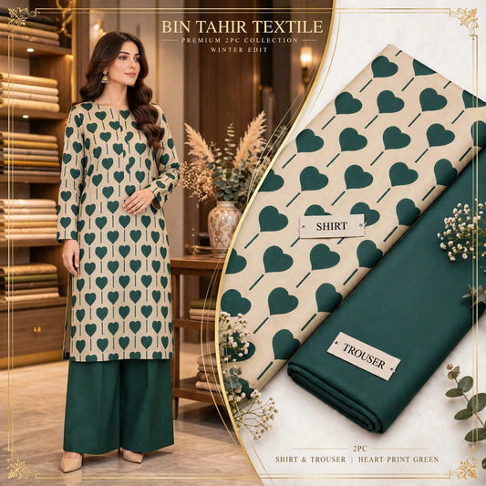 Bottle Green Heart Print Shirt With Green Trouser - 2Pcs Dhanak Suit - BT-0022