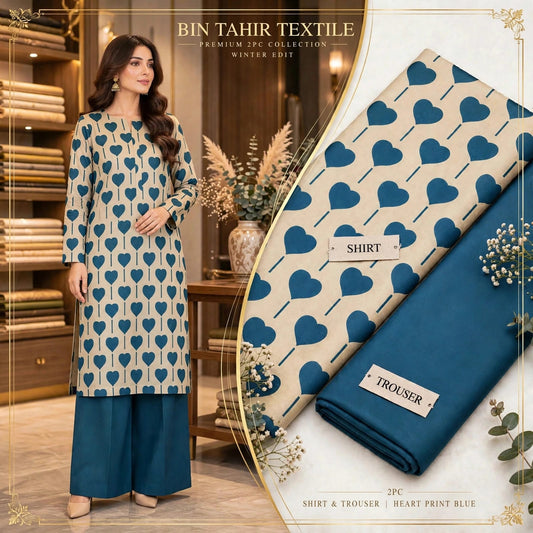 Zinc Blue Heart Print Shirt With Zinc Blue Trouser - 2Pcs Dhanak Suit - BT-0022