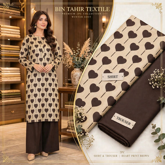 Brown Heart Print Shirt With Brown Trouser - 2Pcs Dhanak Suit - BT-0022