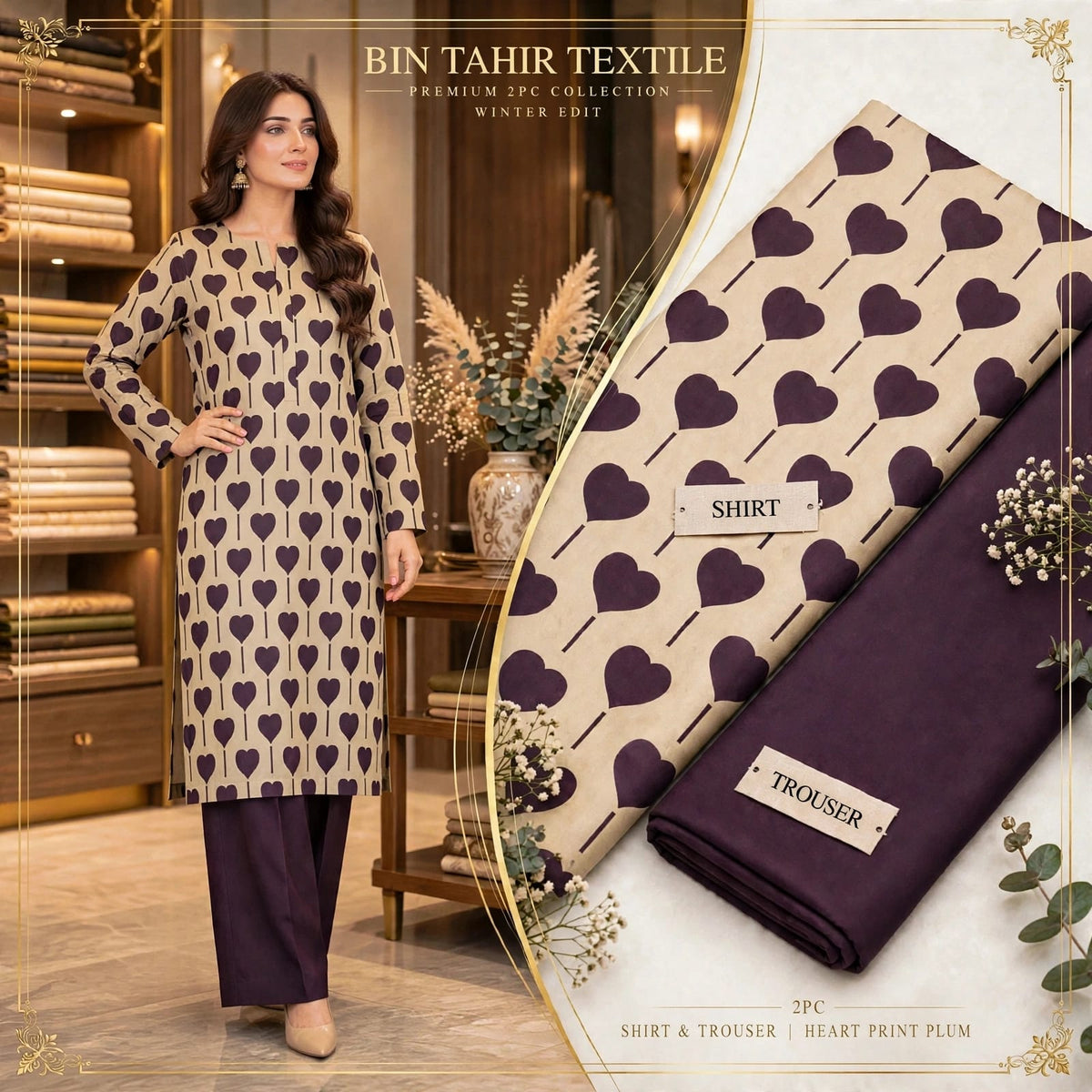 Plum Heart Print Shirt With Plum Trouser - 2Pcs Dhanak Suit - BT-0022