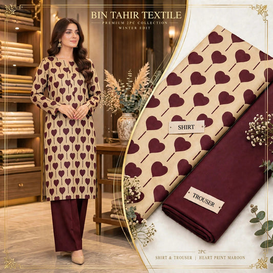 Maroon Heart Print Shirt With Maroon Trouser - 2Pcs Dhanak Suit - BT-0022