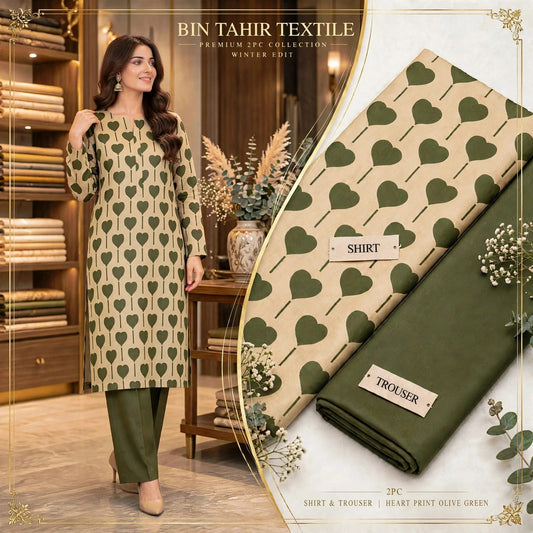 Olive Green Heart Print Shirt With Olive Green Trouser - 2Pcs Dhanak Suit - BT-0022
