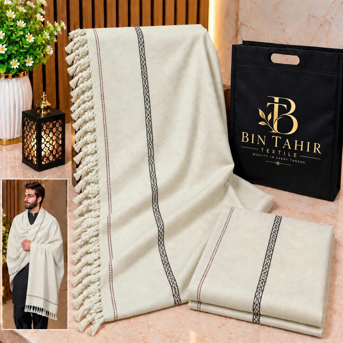 Off-White Gents Shawl With Border Work - Premium Winter Shawl - BTM-001