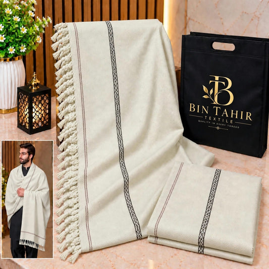 Off-White Gents Shawl With Border Work - Premium Winter Shawl - BTM-001