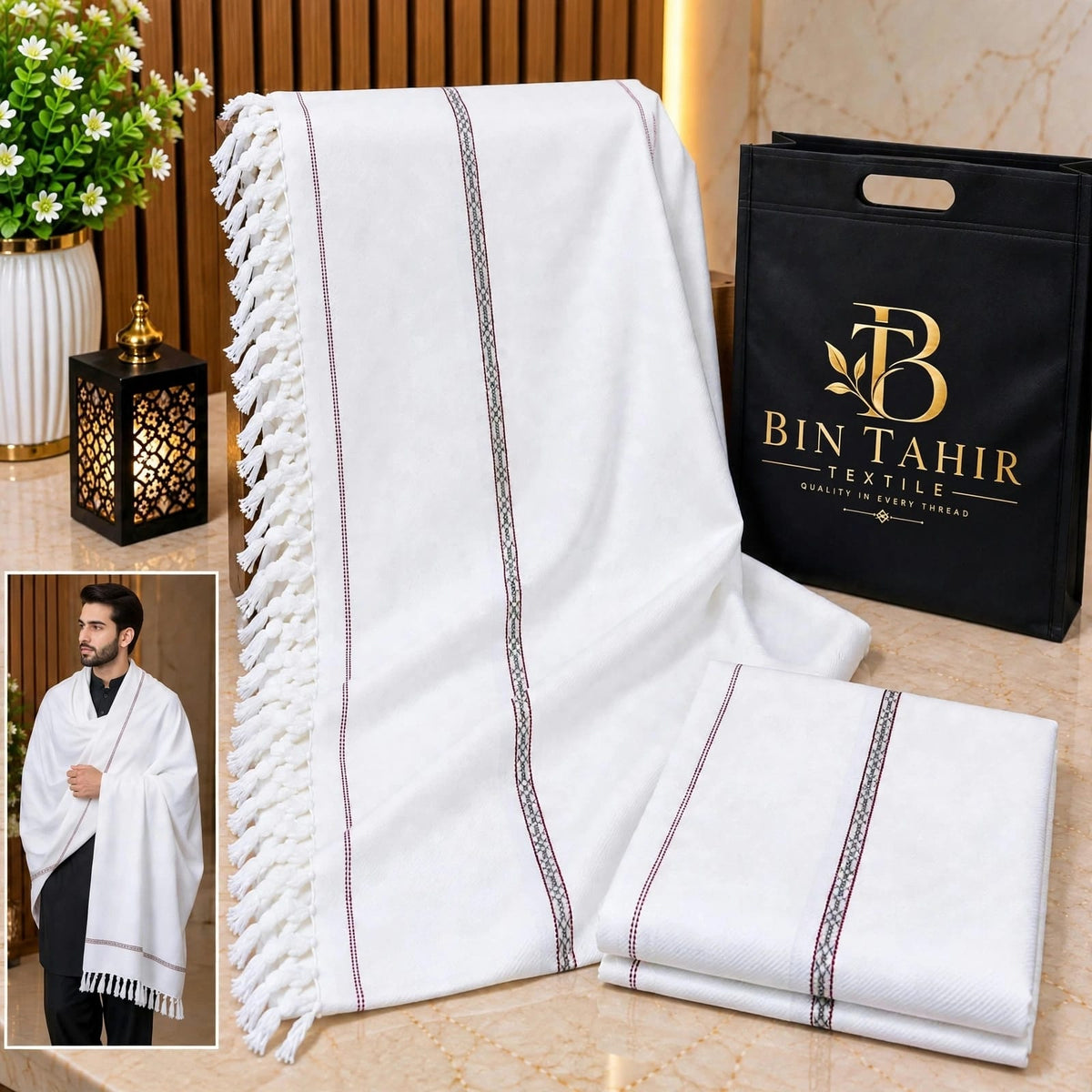 Pure White Gents Shawl With Border Work - Premium Winter Shawl - BTM-001
