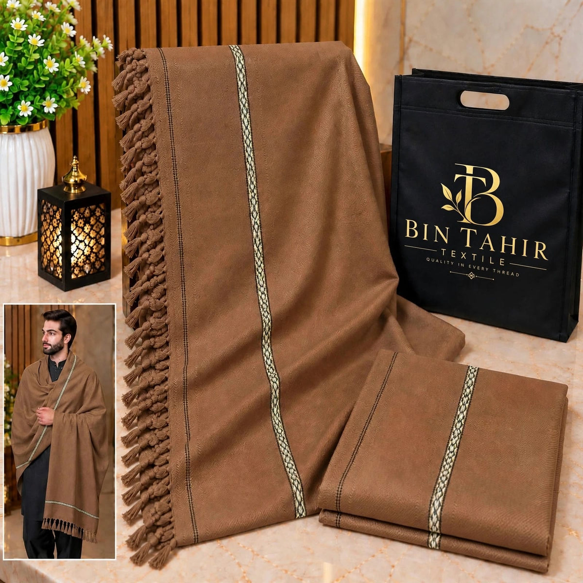 Light Brown Gents Shawl With Border Work - Premium Winter Shawl - BTM-001