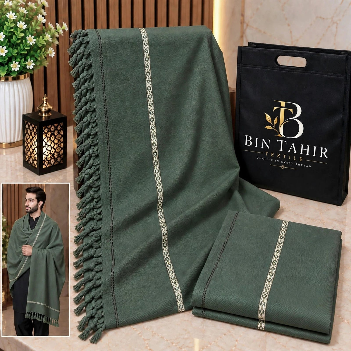 Bottle Green Gents Shawl With Border Work - Premium Winter Shawl - BTM-001