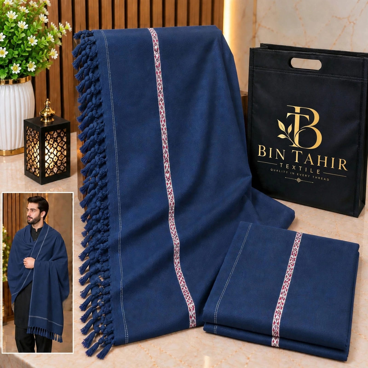 Navy Blue Gents Shawl With Border Work - Premium Shawl - BTM-0023