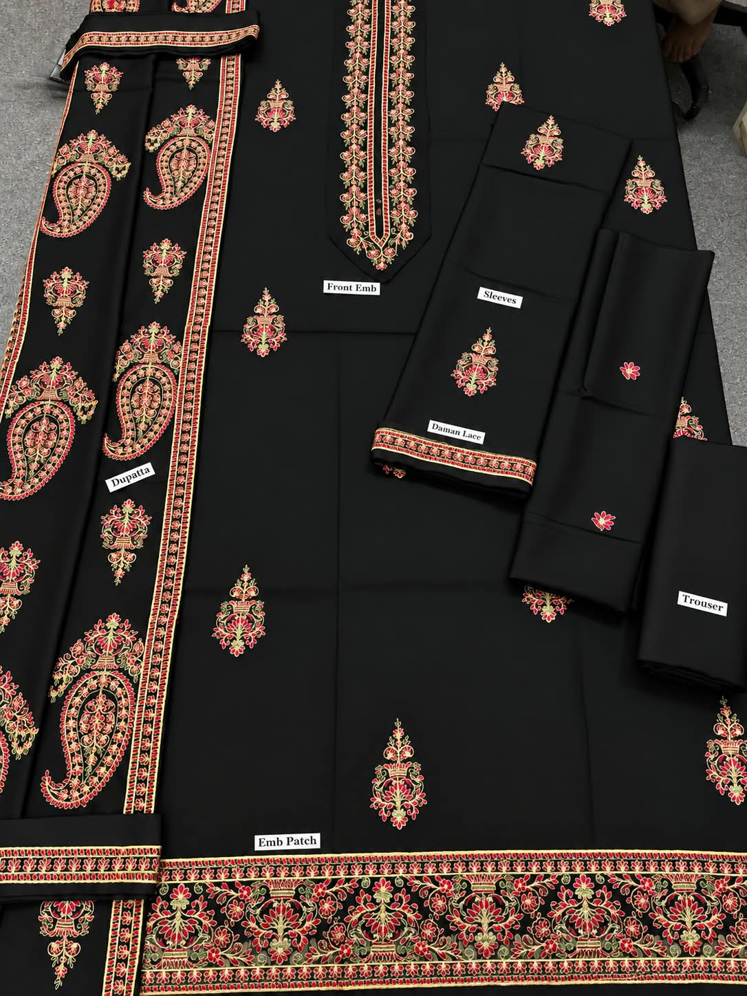 Premium Embroidered Dhanak 3-Piece Suit - Black Paisley Design | BT-0024