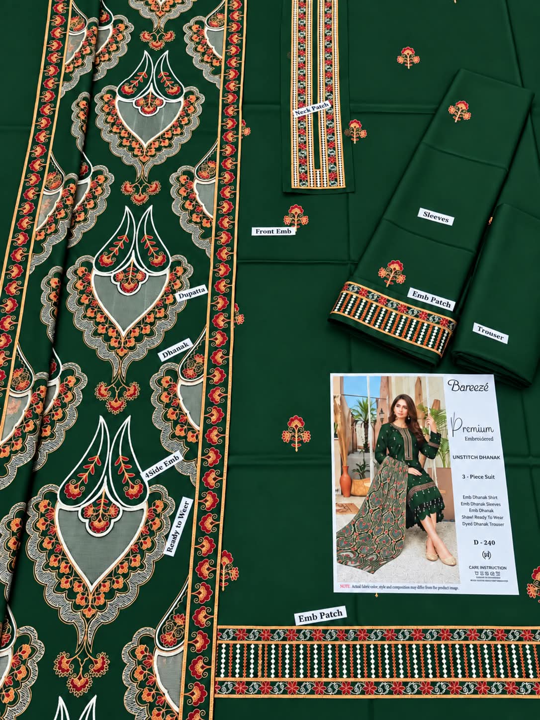 Bottle Green Dhanak Marina Embroidered 3Pc Suit with Palachi Shawl | BT-0033