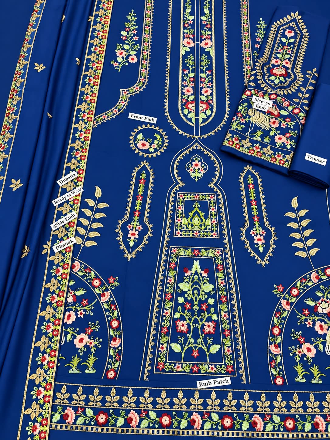 Royal Blue Heavy Embroidered Dhanak Marina 3Pc Luxury Suit with Cutwork | BT-0030