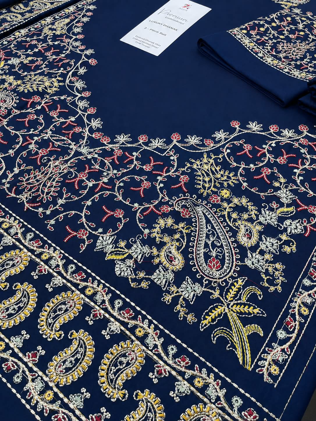 Navy Blue Dhanak Marina Embroidered 3Pc Suit - Paisley Work & Heavy Shawl | BT-0029