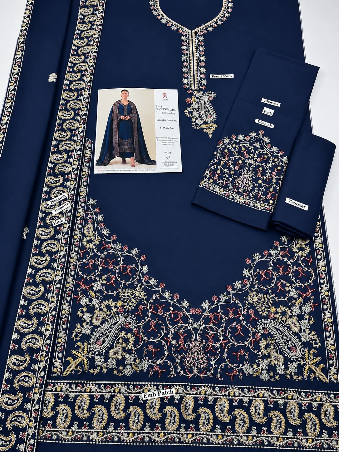 Navy Blue Dhanak Marina Embroidered 3Pc Suit - Paisley Work & Heavy Shawl | BT-0029