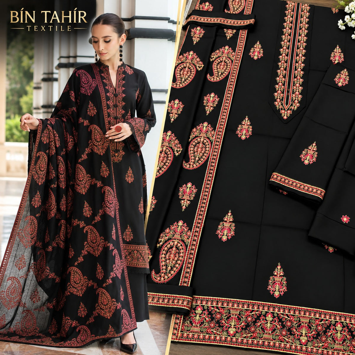 Premium Embroidered Dhanak 3-Piece Suit - Black Paisley Design | BT-0024