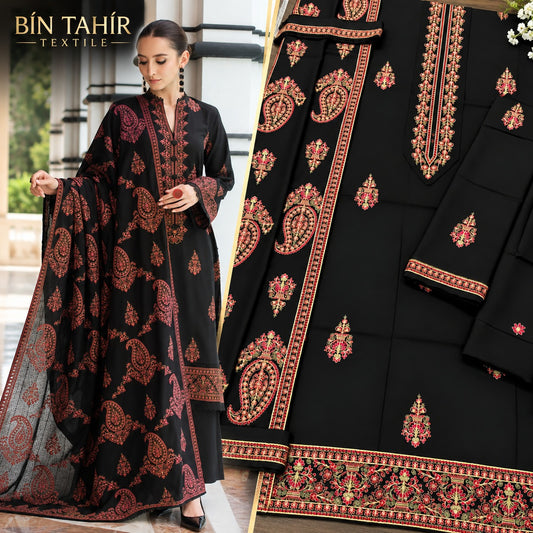 Premium Embroidered Dhanak 3-Piece Suit - Black Paisley Design | BT-0024