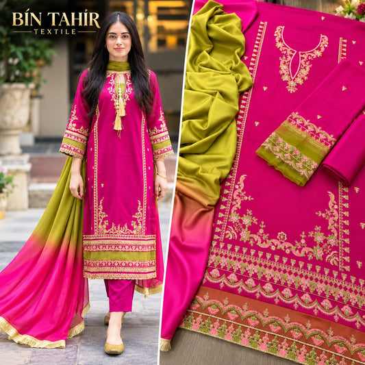 Shocking Pink Dhanak Marina 3Pc Embroidered Suit with Tie & Dye Shawl | BT-0027