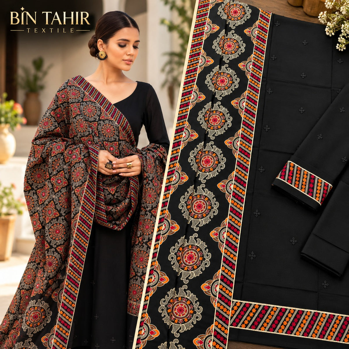 Premium Embroidered Dhanak 3-Piece - Black with Multicolor Shawl | BT-0025