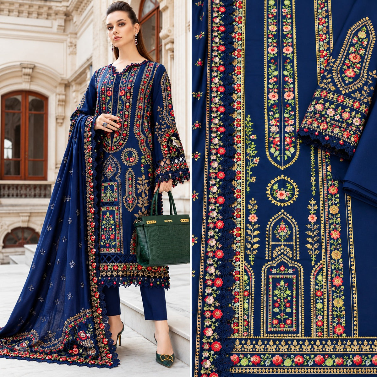 Royal Blue Heavy Embroidered Dhanak Marina 3Pc Luxury Suit with Cutwork | BT-0030