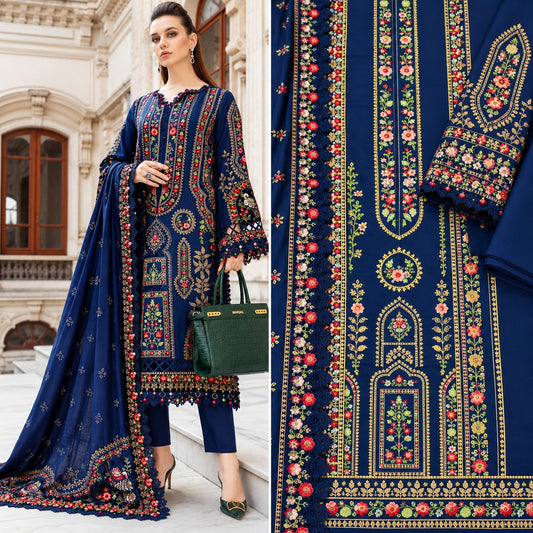 Royal Blue Heavy Embroidered Dhanak Marina 3Pc Luxury Suit with Cutwork | BT-0030