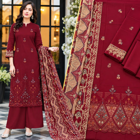 Maroon Luxury Embroidered Dhanak Marina 3Pc Suit with Organza Dupatta | BT-0028