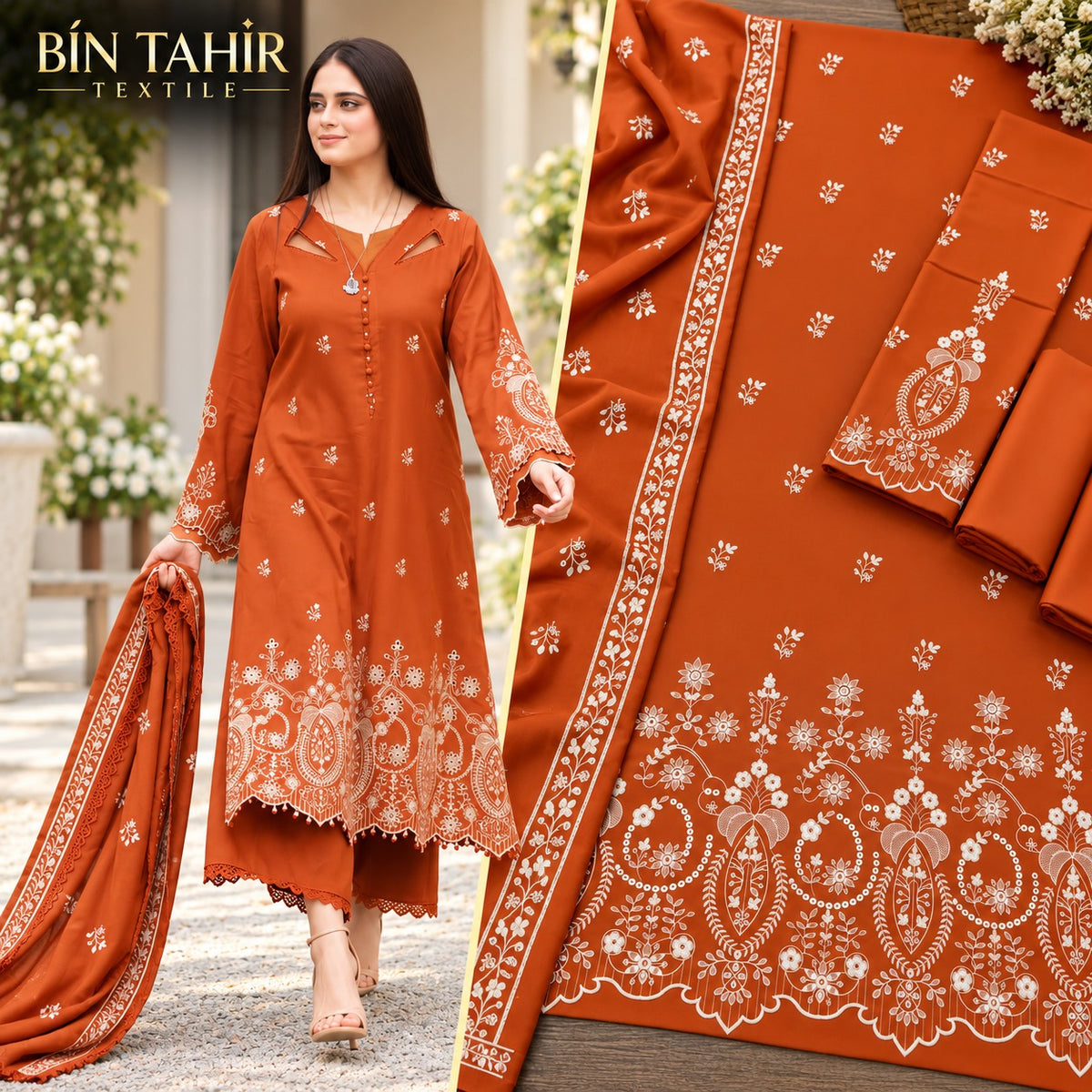 Rust Brown Embroidered Dhanak Marina 3Pc Suit - White Floral Work | BT-0026