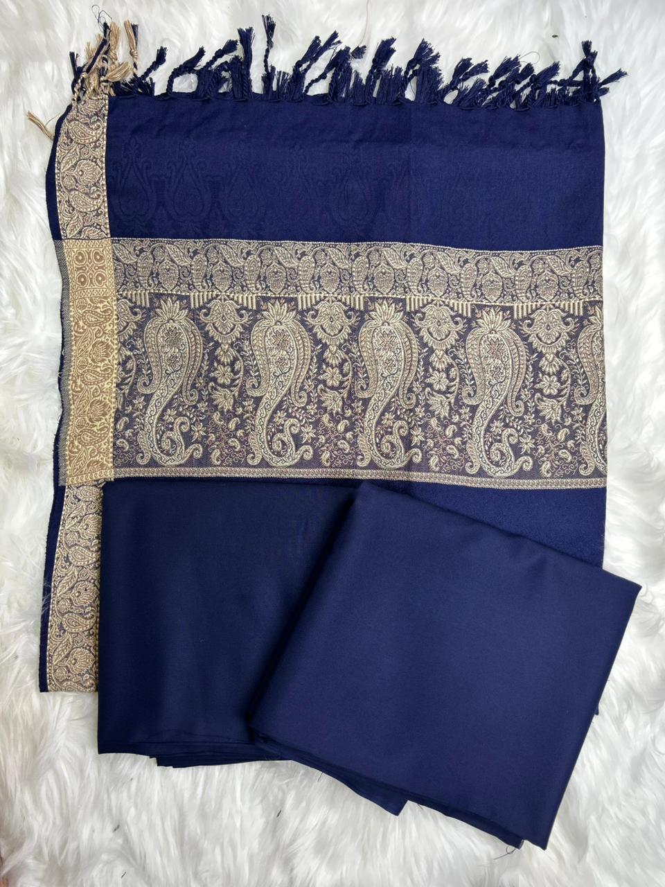 Royal Navy Blue Dhanak 3-Piece Suit with Golden Jacquard Shawl | BIN TAHIR Winter 2026