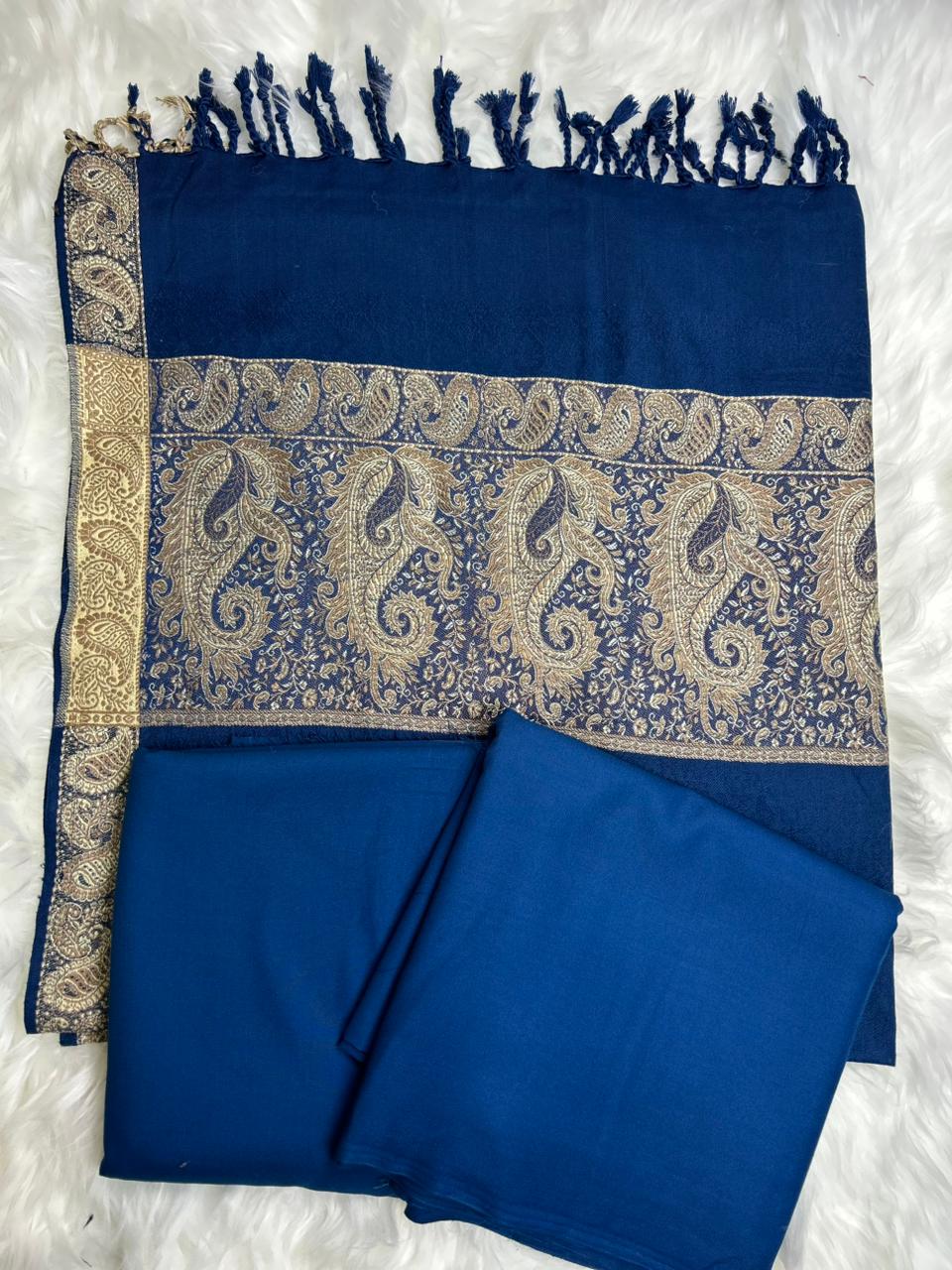 Royal Blue Dhanak 3-Piece Suit with Golden Jacquard Shawl | BIN TAHIR Winter 2026